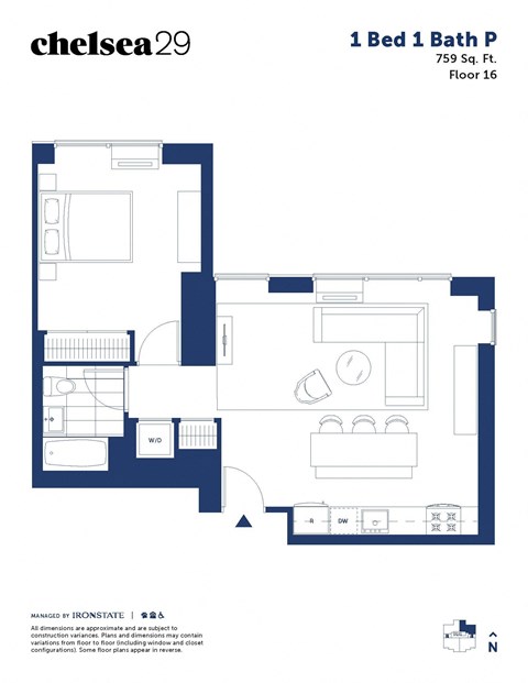 Floor plan for 1 bed, 1 bath, 759 sqft
